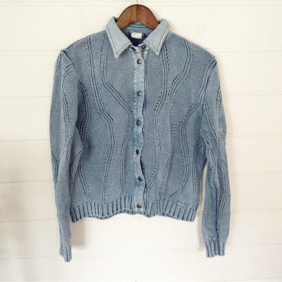 EUC Vintage Blue Willi’s Denmark Cable Knit Jacket Sweater Denim Snap Front L - Picture 1 of 10